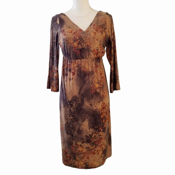 Japanese Weekend Maternity Dress Medium Brown Fall Floral V-Neck LS Bloomcore - Picture 1 of 4